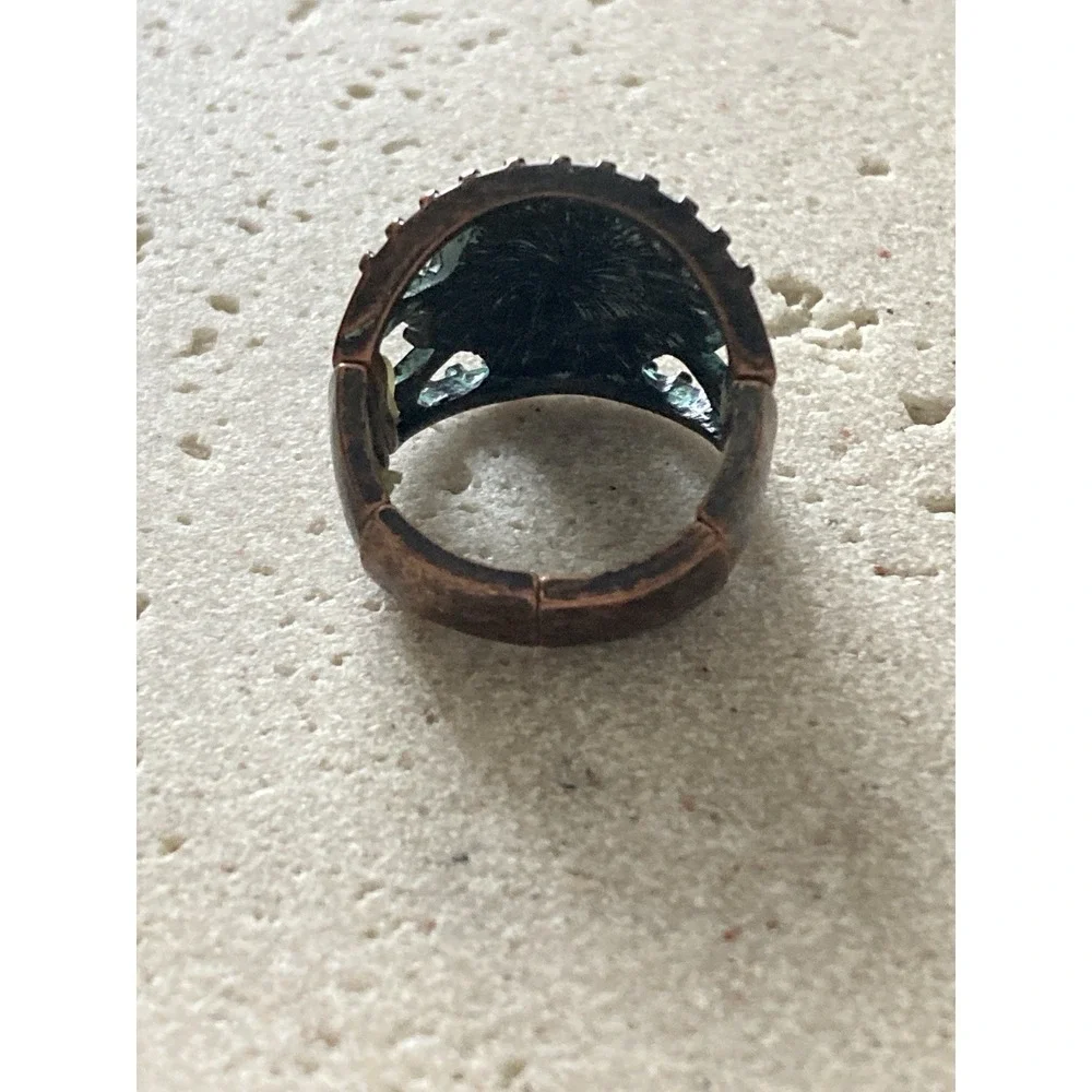 Patina Copper Tone Stretch Ring Size 8 Rustic Artisan Adjustable Faux Turquoise‎
